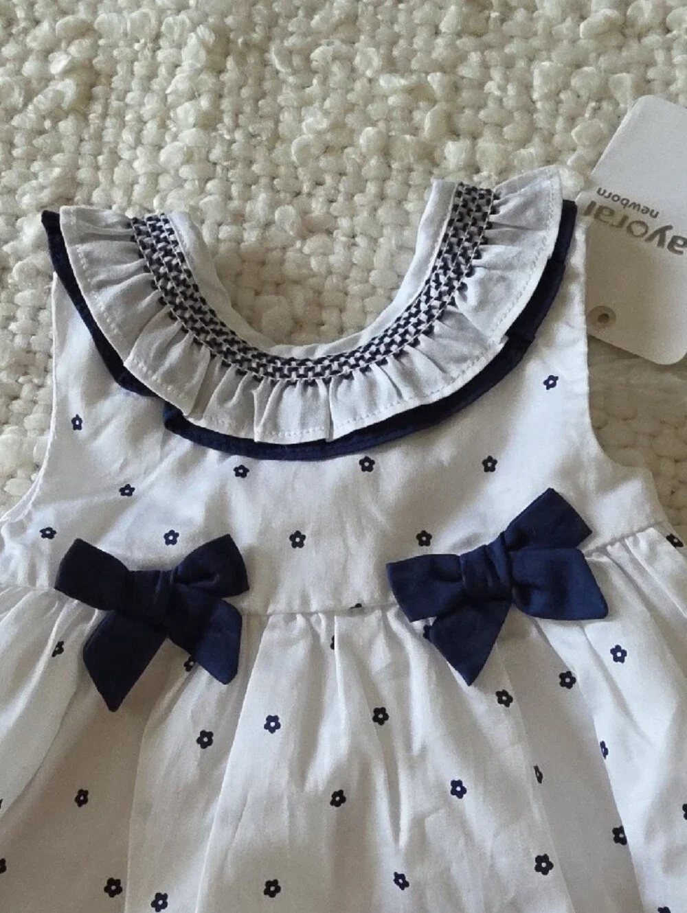 Mayoral White and Navy Floral Trim newborn girl set with Bows 2-4m